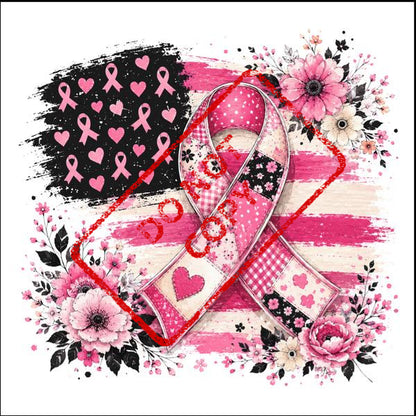 Pink ribbon with U.S. flag background and floral accents, "COPY" stamped.