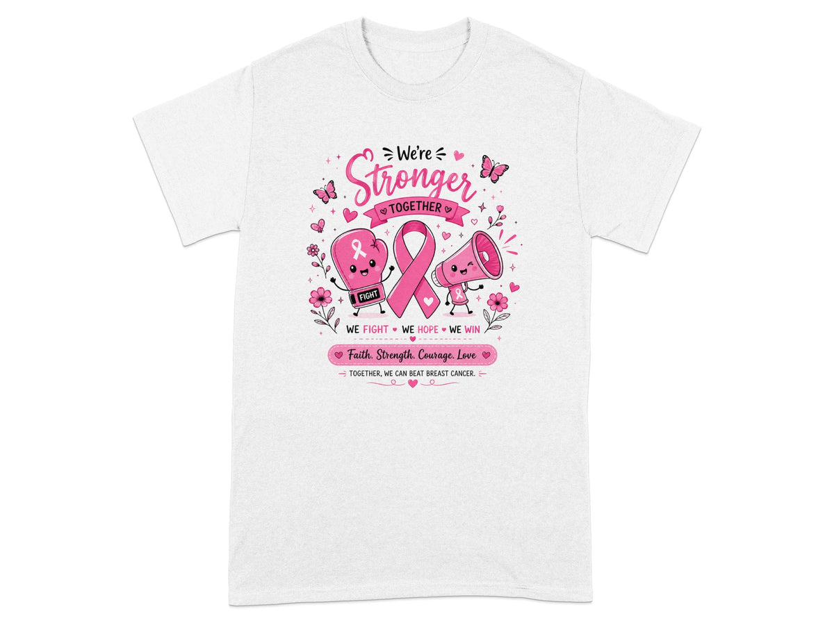 White t-shirt with "We're Stronger Together" and breast cancer awareness graphics.