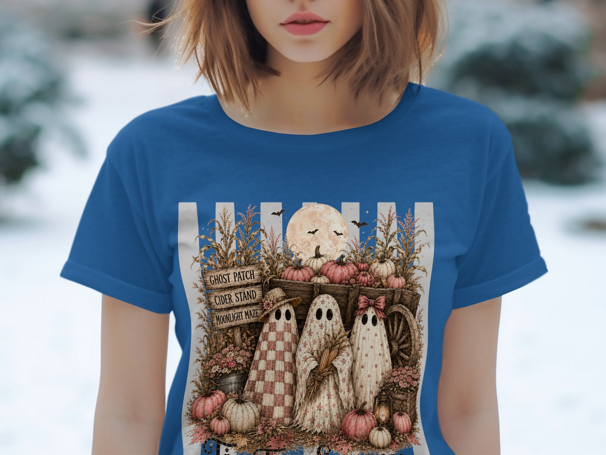 Three ghosts stand by a wagon filled with pumpkins and fall foliage.