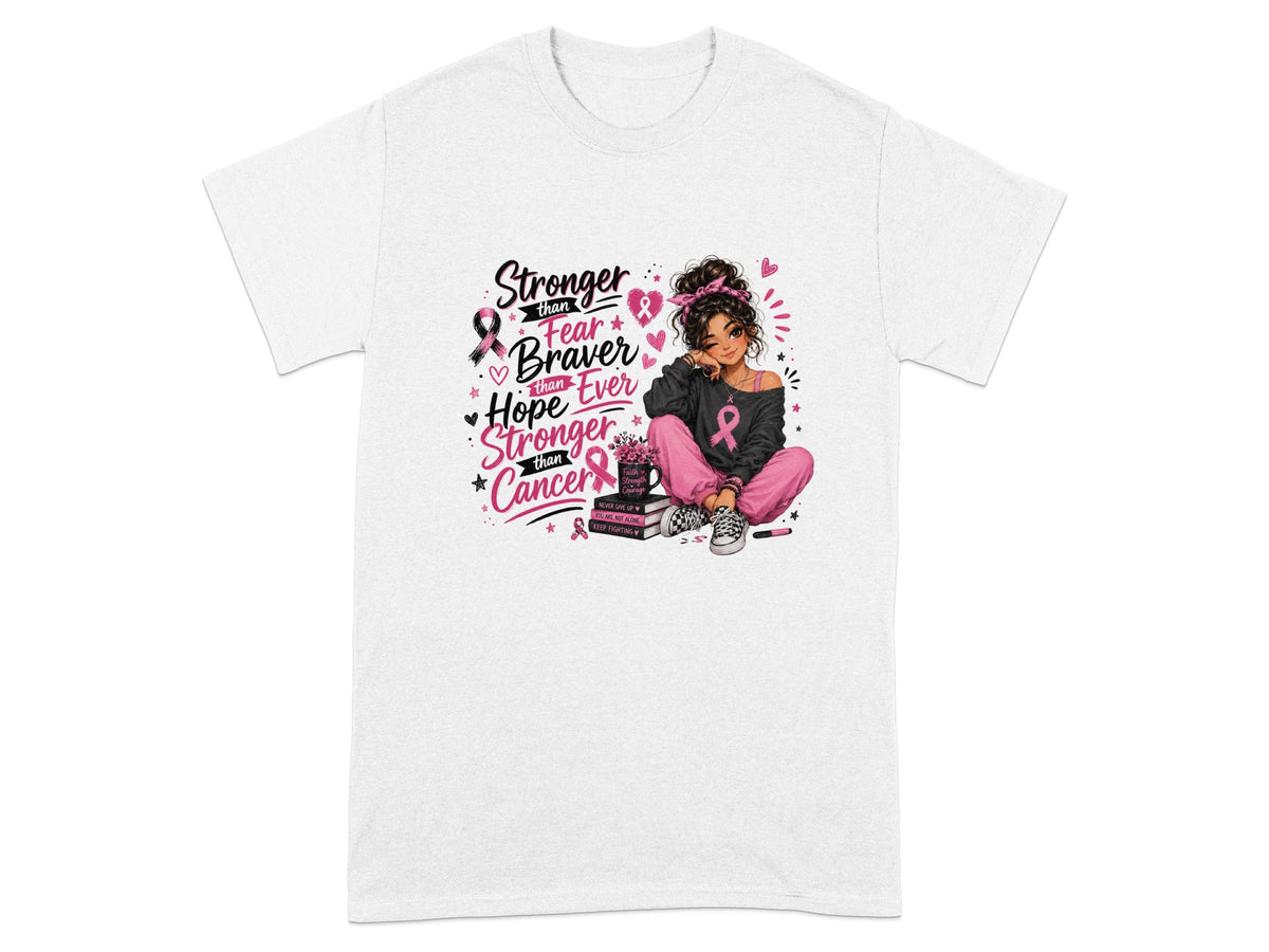 Girl with pink ribbons and motivational text "Stronger than Cancer" on a t-shirt.