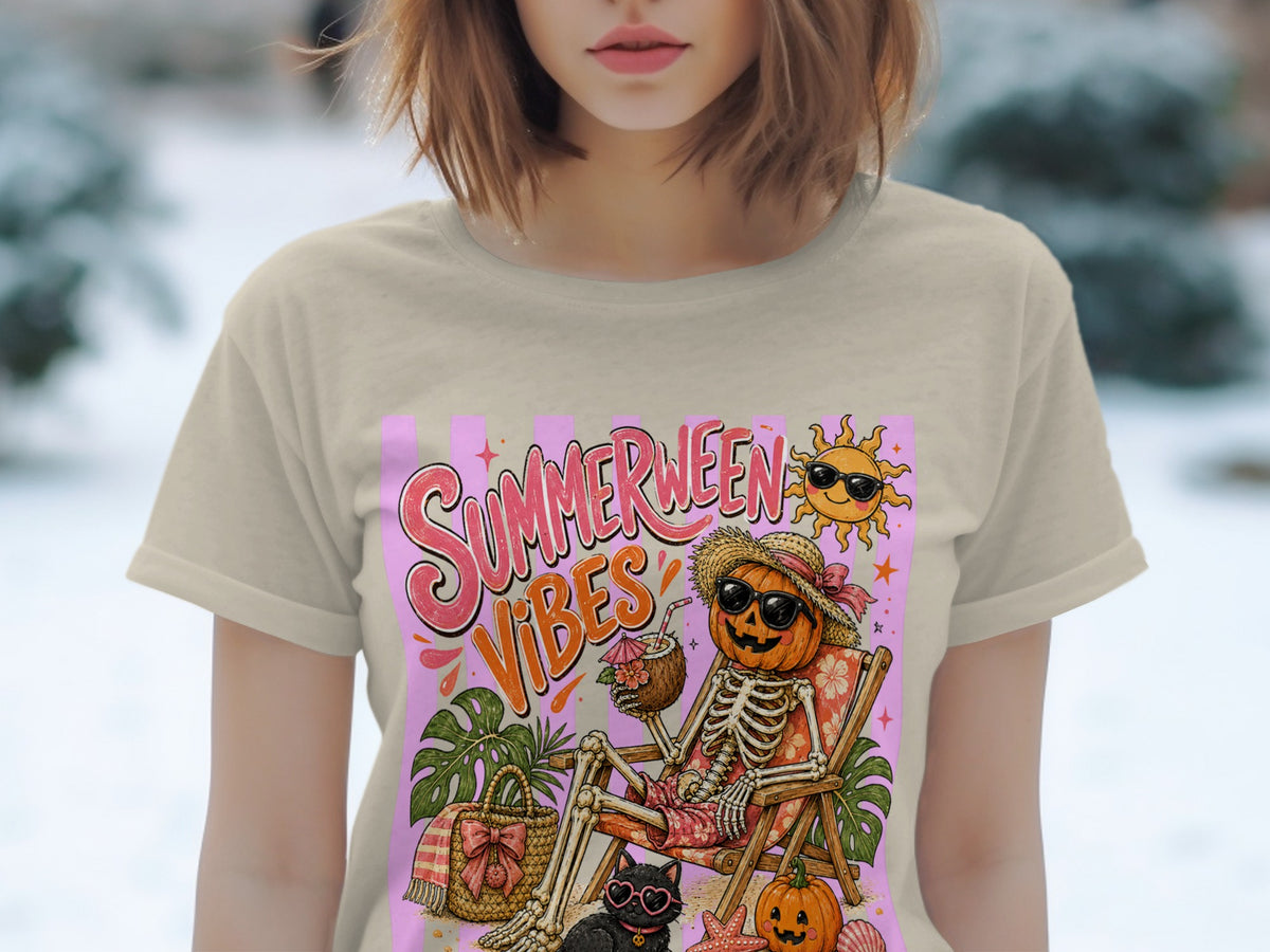 Skeleton with pumpkin head and sunglasses relaxing with a drink, text "Summerween Vibes".