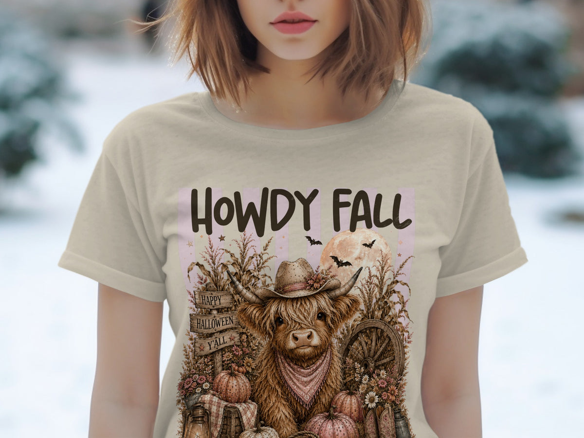 Highland cow in cowboy hat with "HOWDY FALL" text and Halloween elements.
