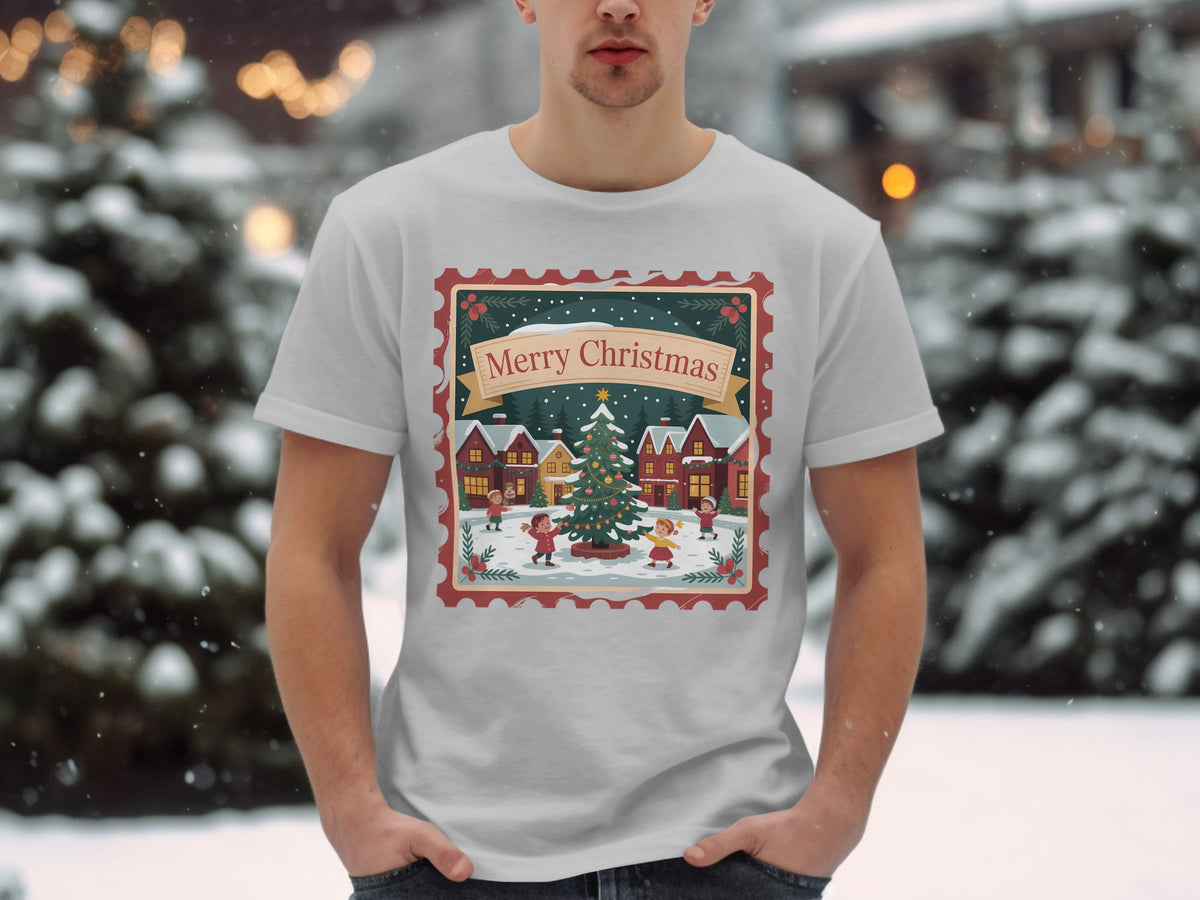 White t-shirt with a Christmas village scene featuring a tree and children, inside a postage stamp.