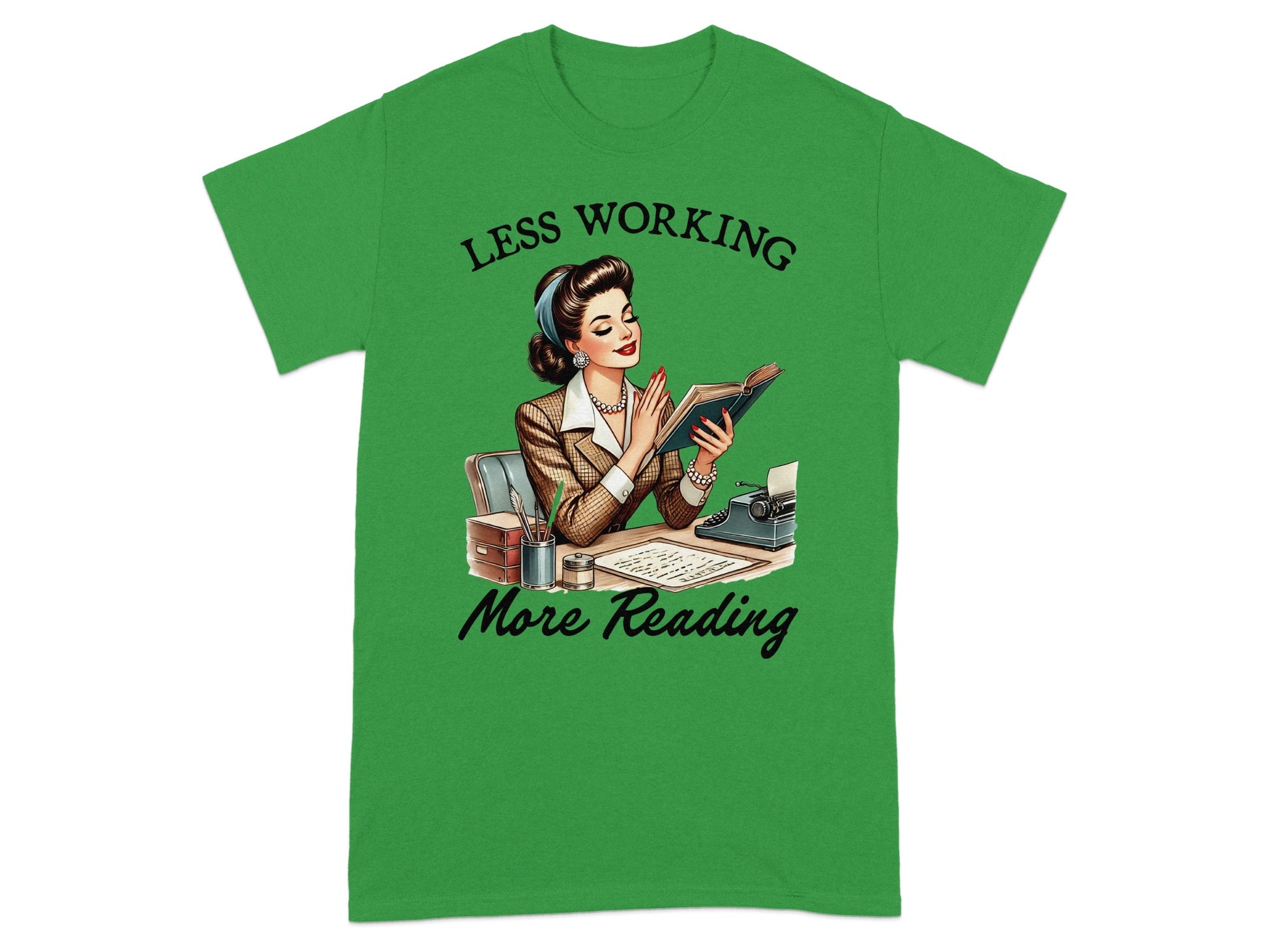 Retro illustration of woman at desk with typewriter and book, text says "Less Working, More Reading".