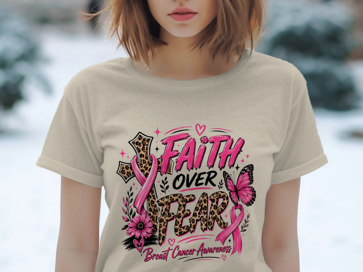 Faith over Fear breast cancer awareness t-shirt with pink ribbons and butterfly.