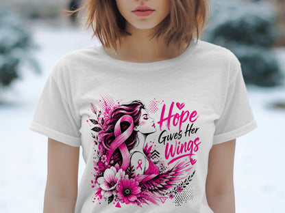 White t-shirt with pink breast cancer ribbon art and the text "Hope Gives Her Wings".