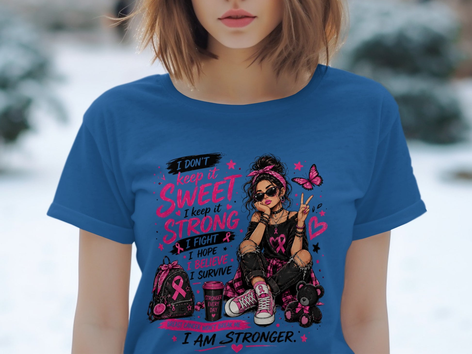 Girl with pink ribbon and inspirational text for breast cancer awareness.