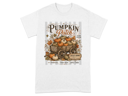 Pumpkin Patch graphic with a wagon full of pumpkins and autumn leaves.
