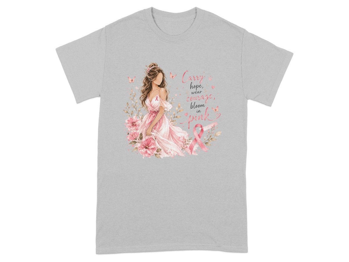 T-shirt with woman in pink dress, flowers, butterflies, and text about breast cancer awareness.