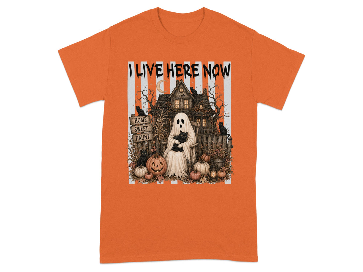 Ghost with cat, haunted house, pumpkins, and text "I LIVE HERE NOW".