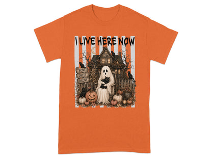 Ghost with cat, haunted house, pumpkins, and text "I LIVE HERE NOW".
