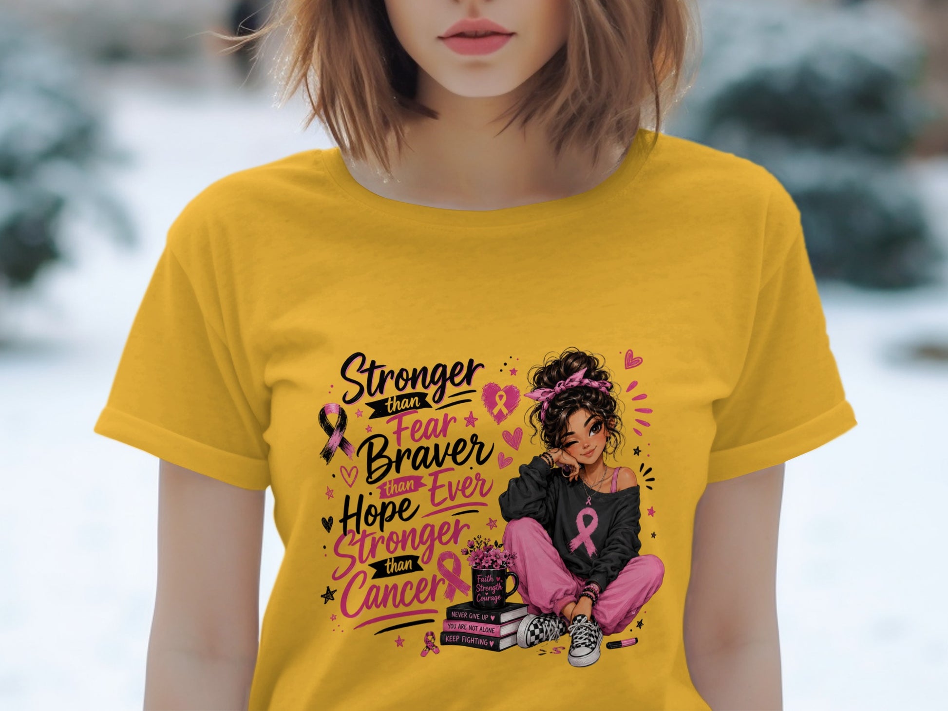 Yellow t-shirt with illustration: "Stronger than Fear, Braver than Hope, Stronger than Cancer"