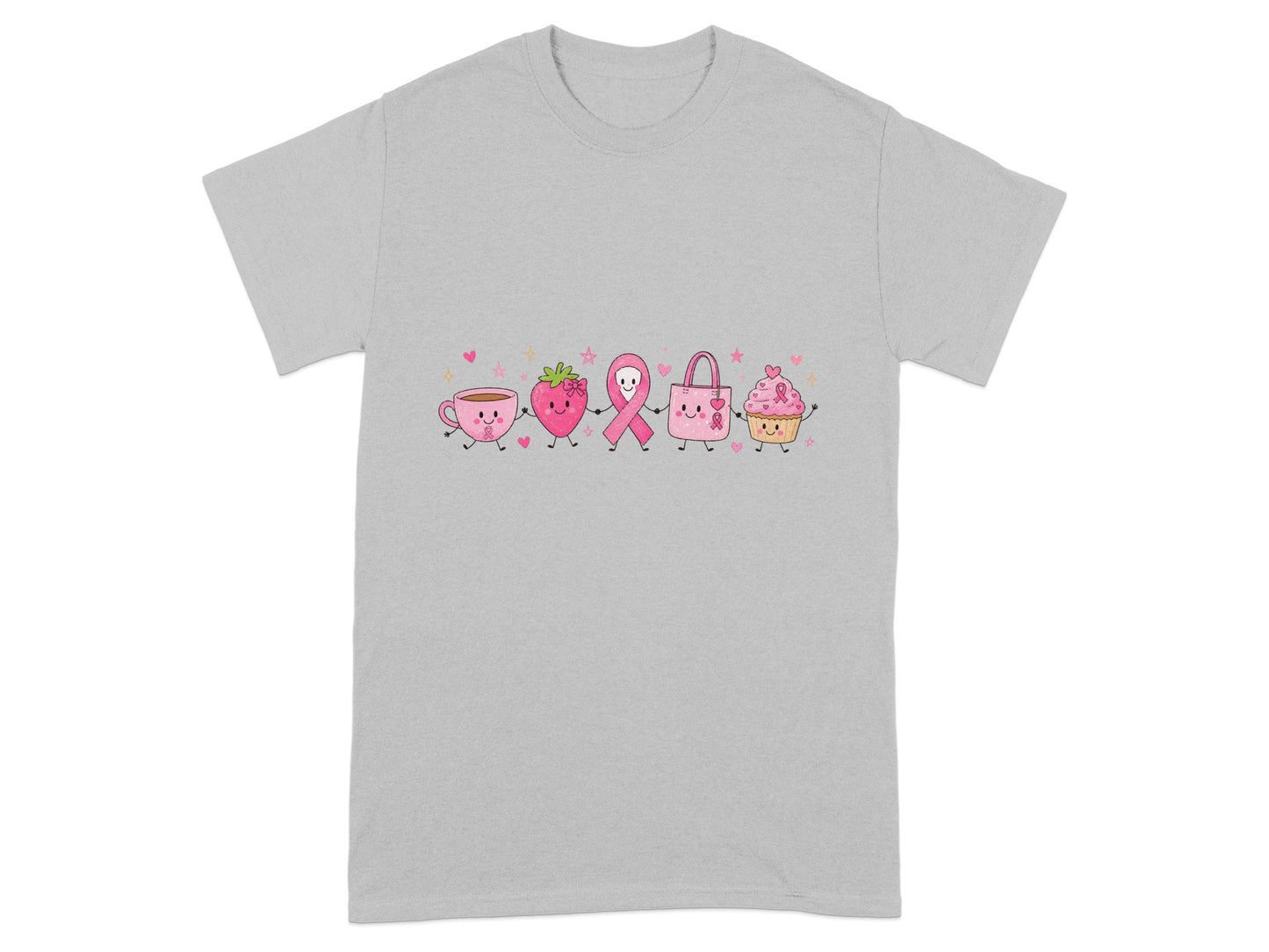 Pink tea cup, strawberry, ribbon, handbag, and cupcake characters holding hands.