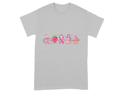 Pink tea cup, strawberry, ribbon, handbag, and cupcake characters holding hands.