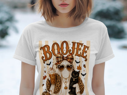 Ghost with heart sunglasses, leopard coat, holding coffee and cat. \"BOO JEE\" text.