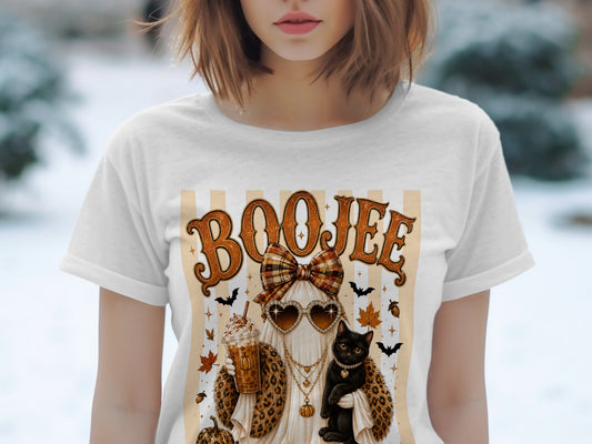 Ghost with heart sunglasses, leopard coat, holding coffee and cat. \"BOO JEE\" text.