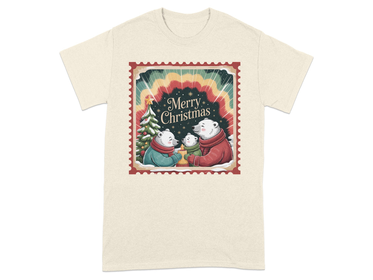 Merry Christmas polar bears with a tree inside a stamp design on a cream t-shirt.