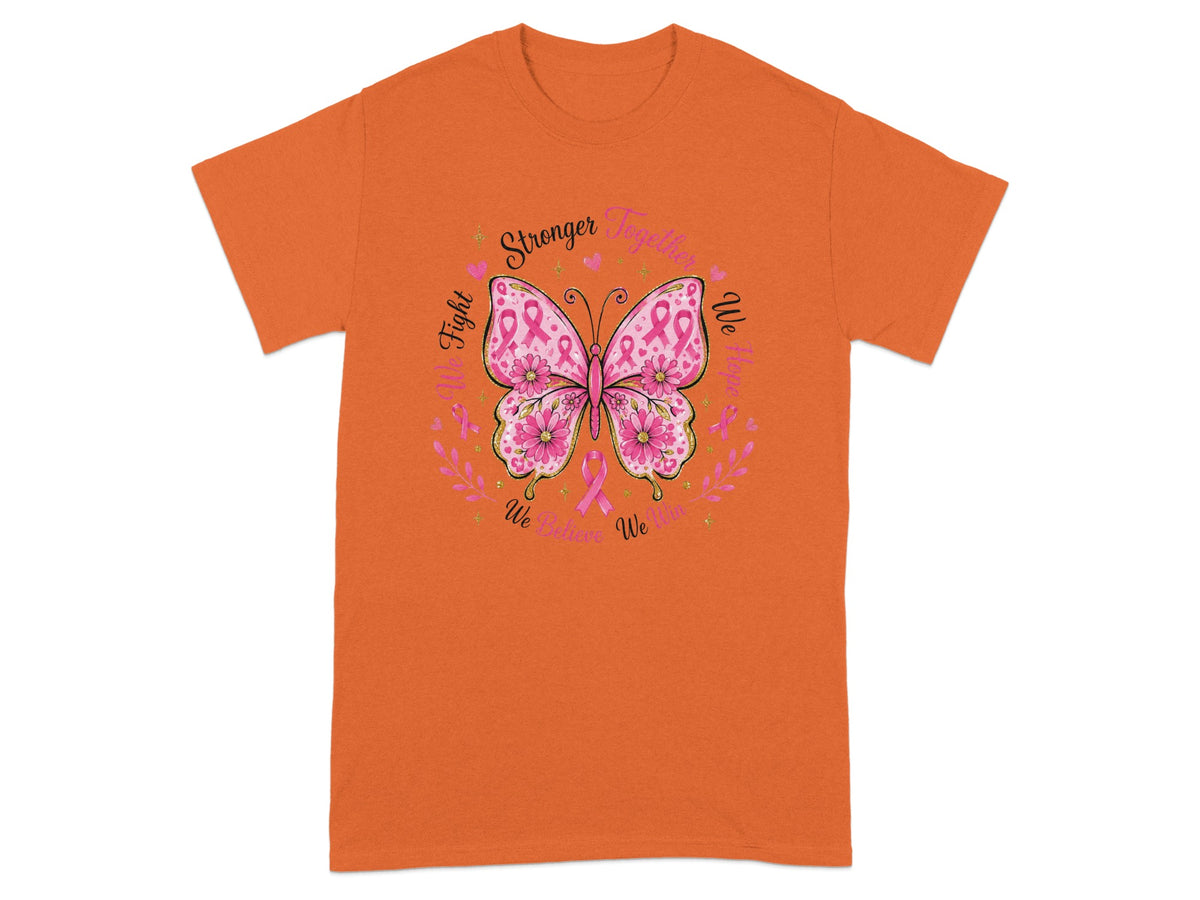 Orange t-shirt with butterfly design, pink ribbons, and text about fighting breast cancer.