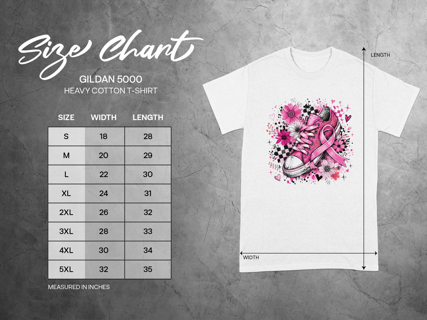 Gildan 5000 t-shirt size chart with width and length measurements in inches.