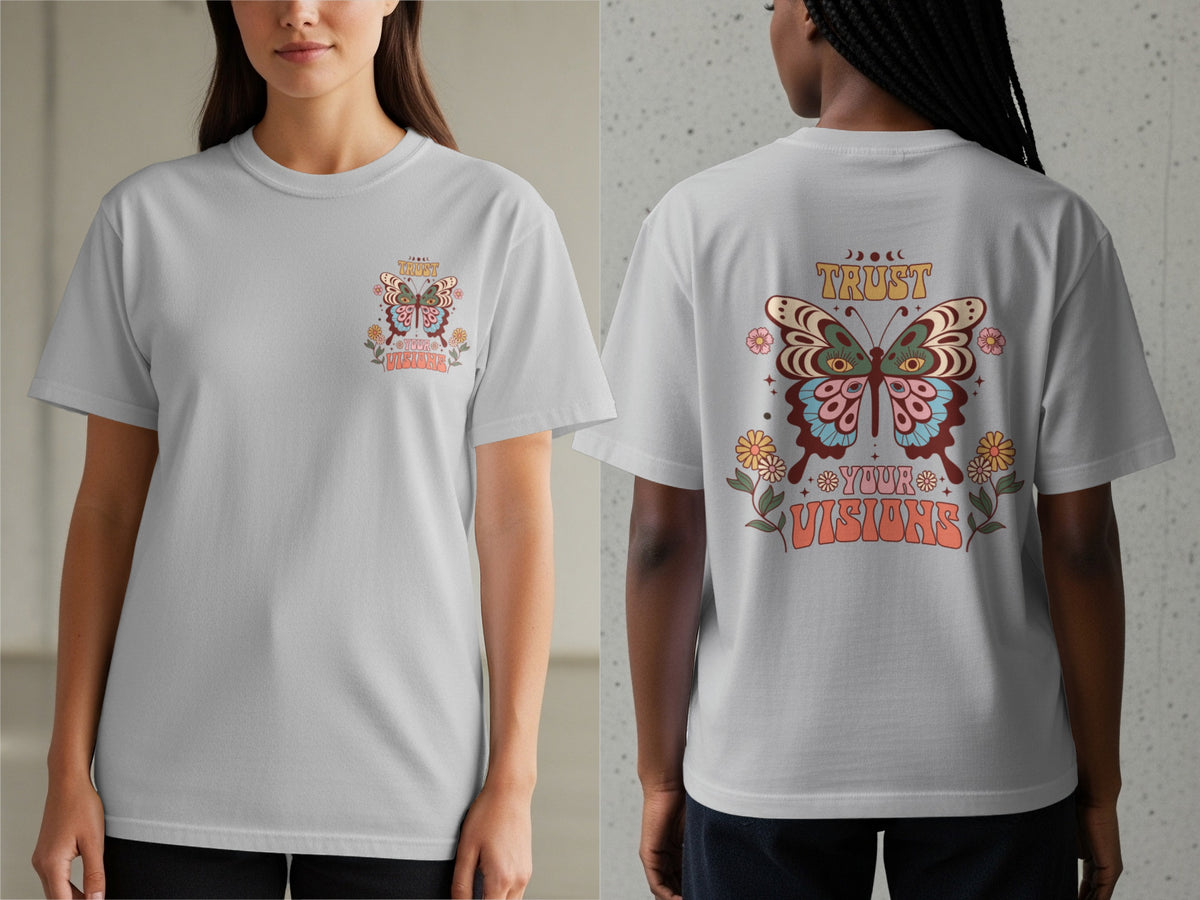 Light gray t-shirt with butterfly graphic and text "Trust Your Visions".