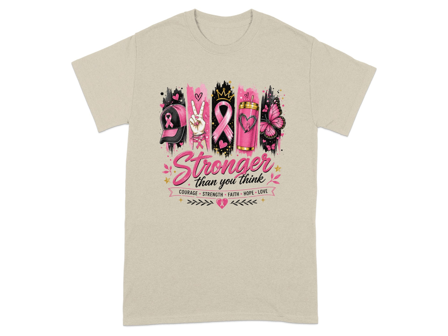 T-shirt with "Stronger than you think" text and breast cancer awareness ribbon.