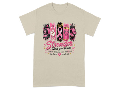 T-shirt with "Stronger than you think" text and breast cancer awareness ribbon.