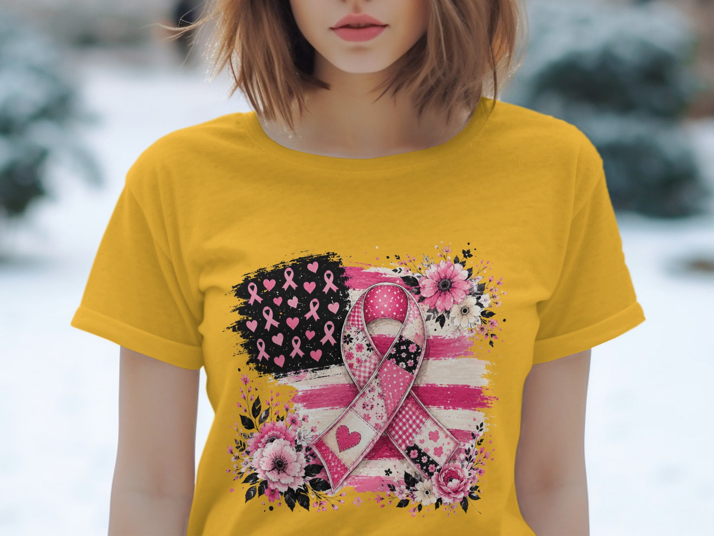 Yellow t-shirt with American flag design and pink ribbon with floral accents.