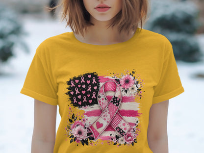 Yellow t-shirt with American flag design and pink ribbon with floral accents.