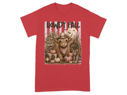 Highland cow with hat, pumpkins, and "Howdy Fall" text on a red shirt.