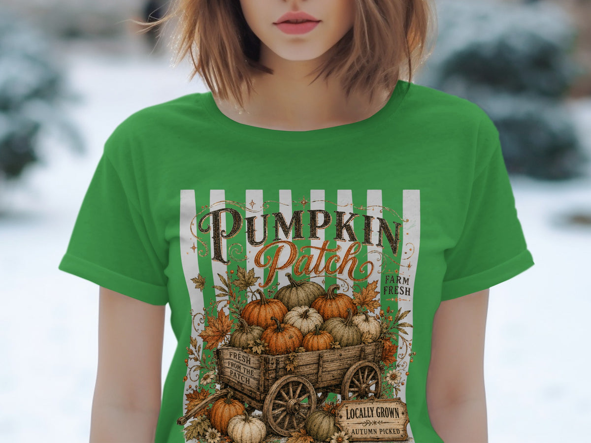 Green t-shirt with "Pumpkin Patch" design featuring a wagon full of pumpkins.