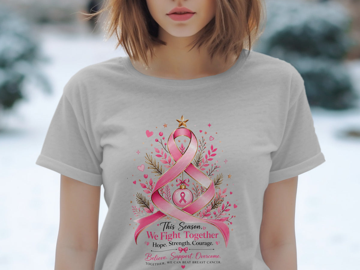 Light gray t-shirt with pink ribbon design and breast cancer awareness text.