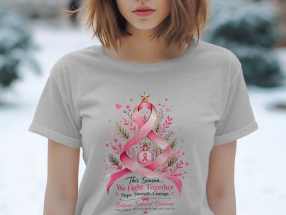 Light gray t-shirt with pink ribbon design and breast cancer awareness text.