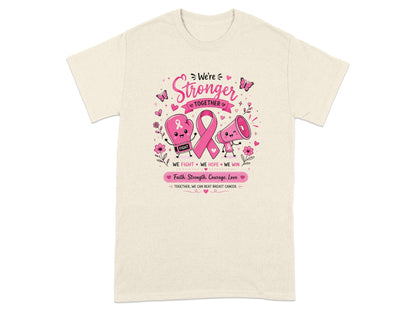 Shirt with "We're Stronger Together" and breast cancer awareness graphics.