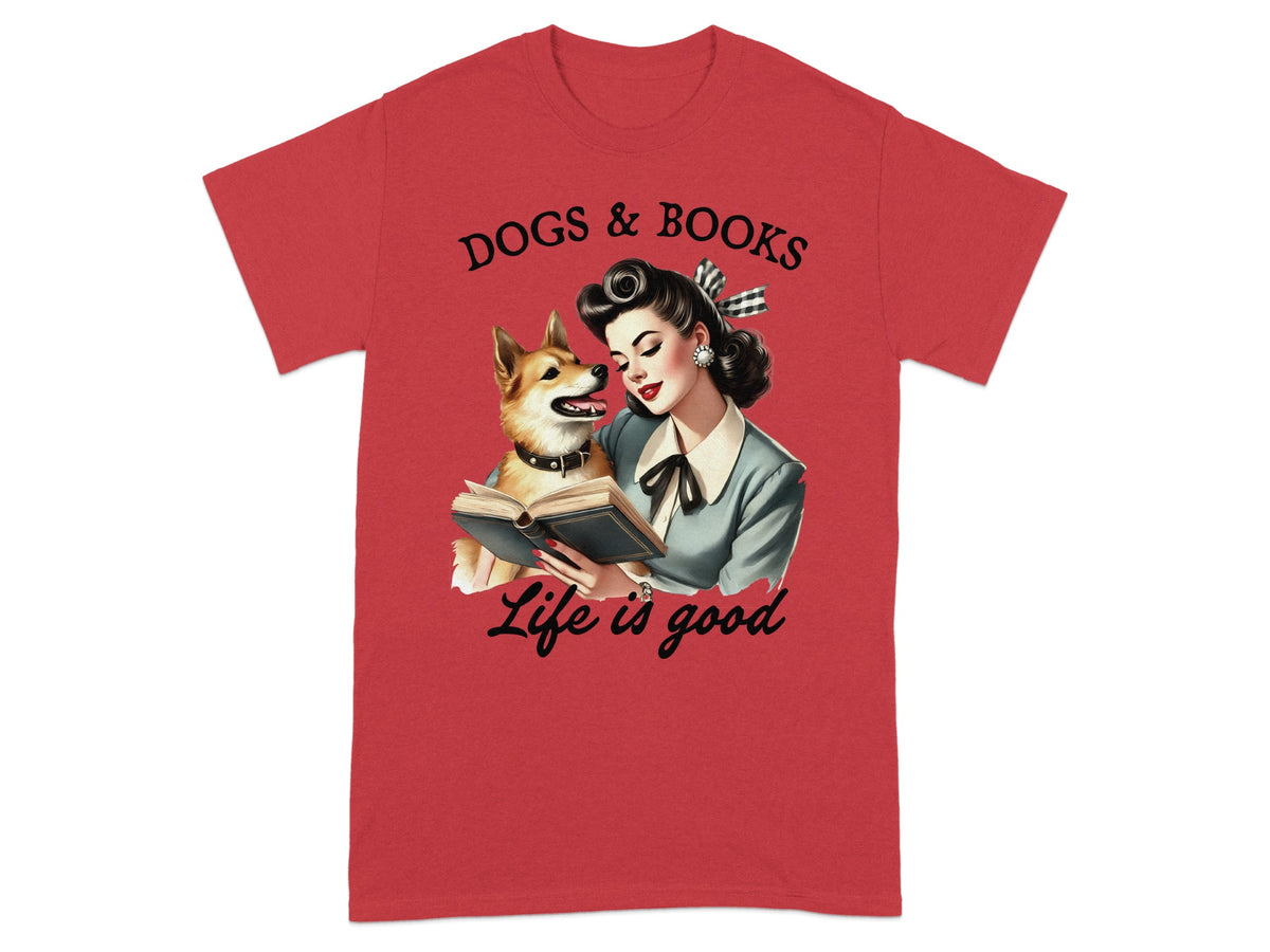 Vintage woman and dog read a book together, "Dogs & Books Life is good."