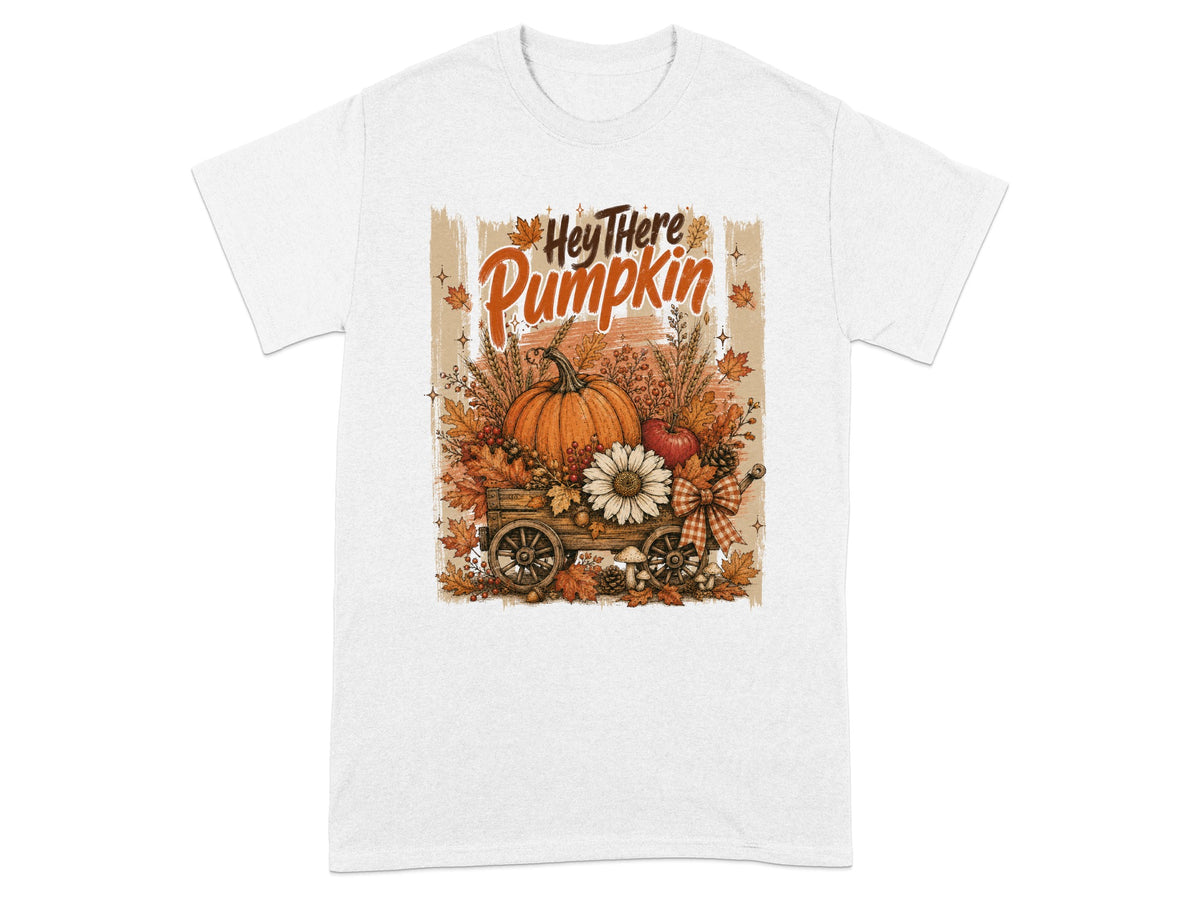 Fall wagon with pumpkin, flowers, leaves, and text "Hey There Pumpkin".