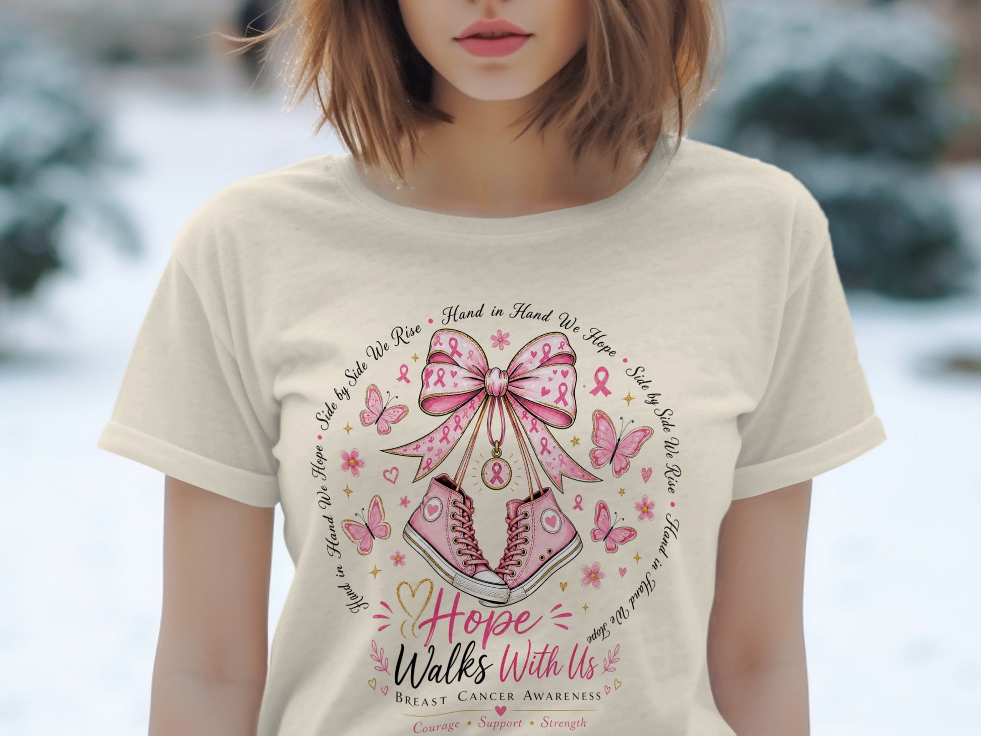 T-shirt with pink ribbon, sneakers, butterflies, and text for breast cancer awareness.