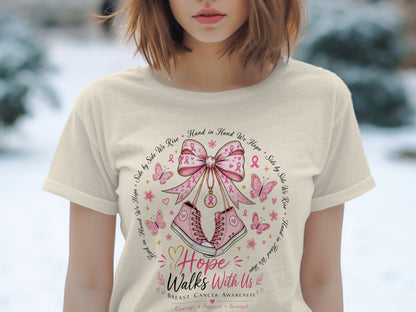 T-shirt with pink ribbon, sneakers, butterflies, and text for breast cancer awareness.