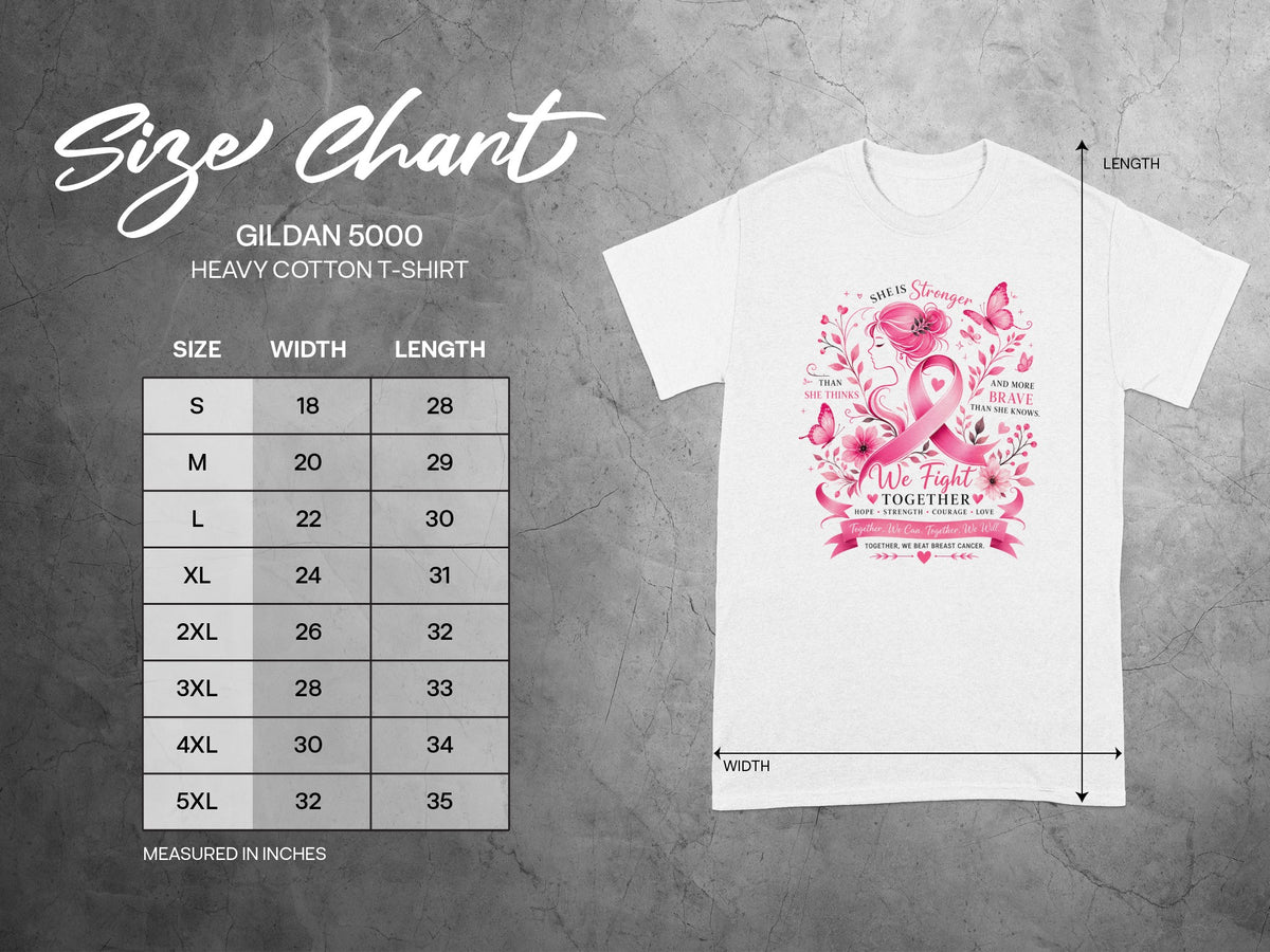 Gildan 5000 t-shirt size chart with breast cancer awareness graphic.