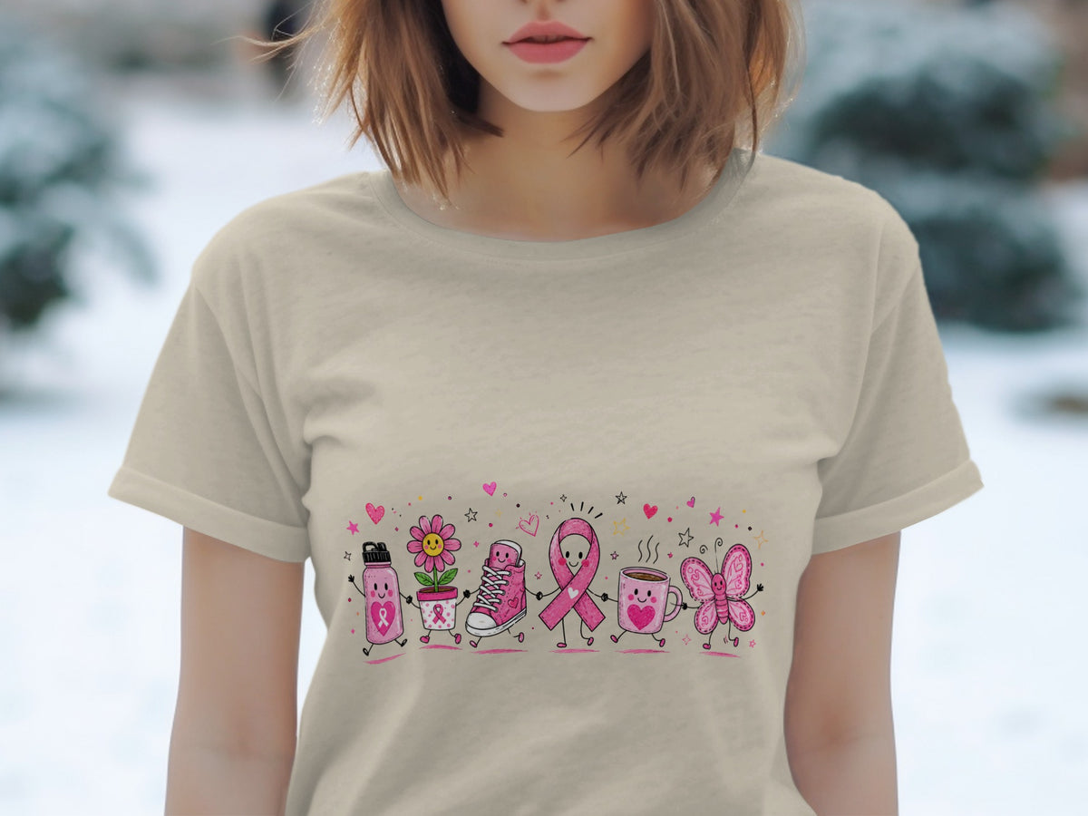T-shirt with cartoon pink ribbon characters, flower, sneaker, mug, and butterfly.