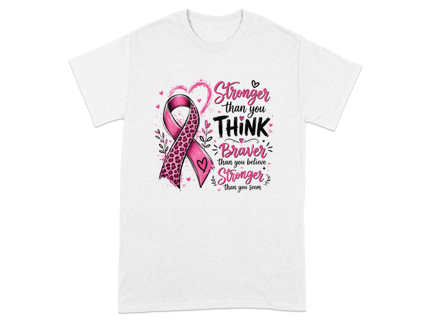 White t-shirt with pink leopard print breast cancer ribbon and motivational text.