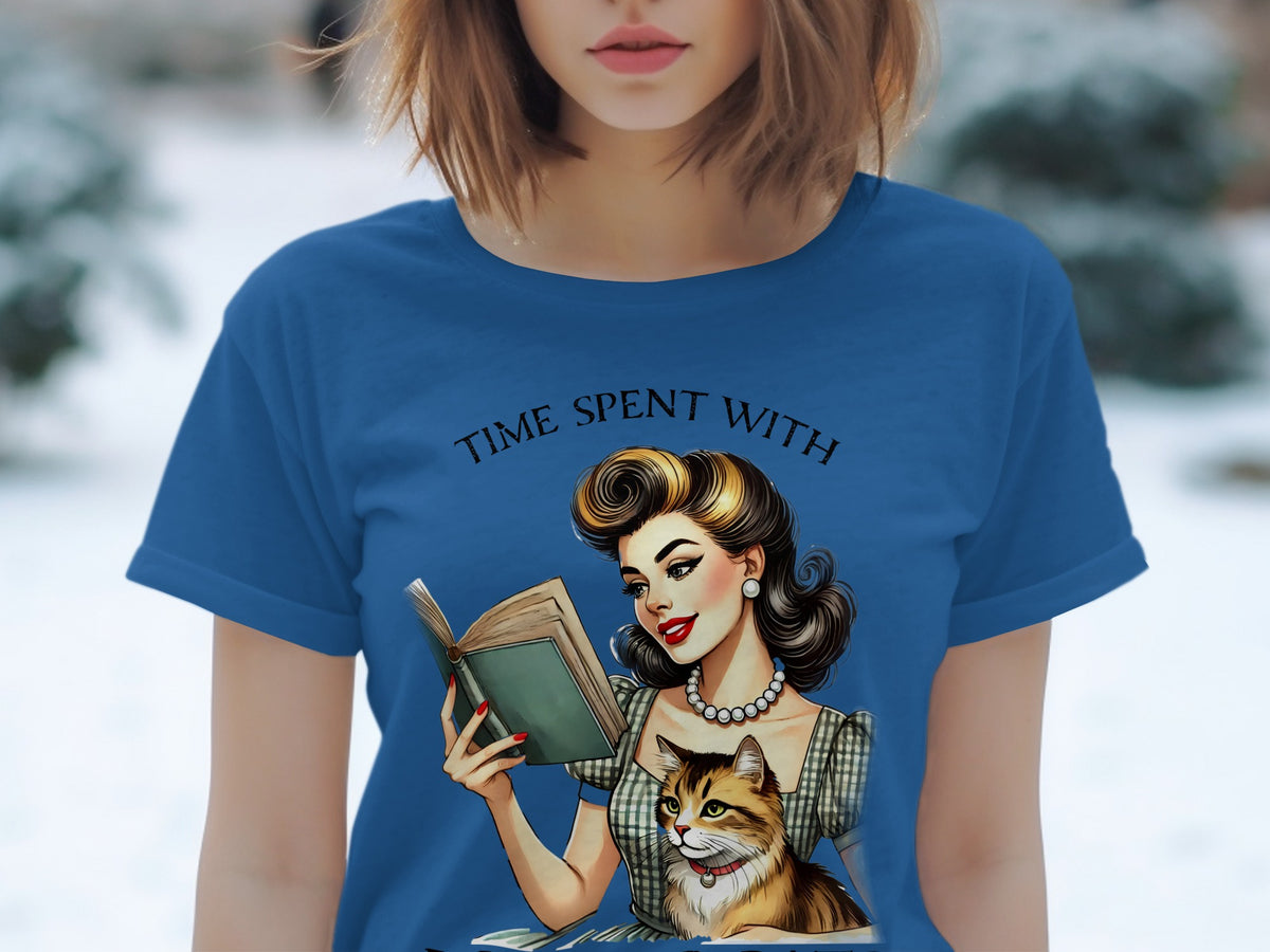 Woman in vintage style reading a book with her cat, text "TIME SPENT WITH".