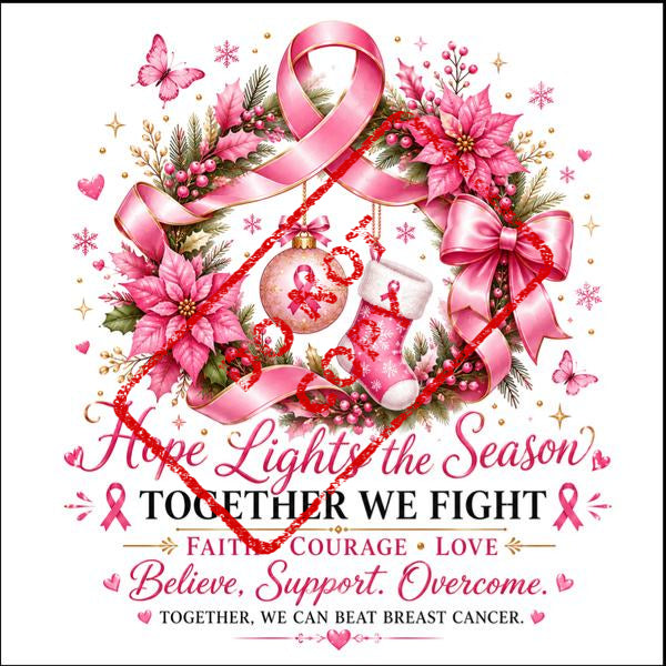 Pink Christmas wreath with breast cancer ribbons, ornament, stocking, and text.