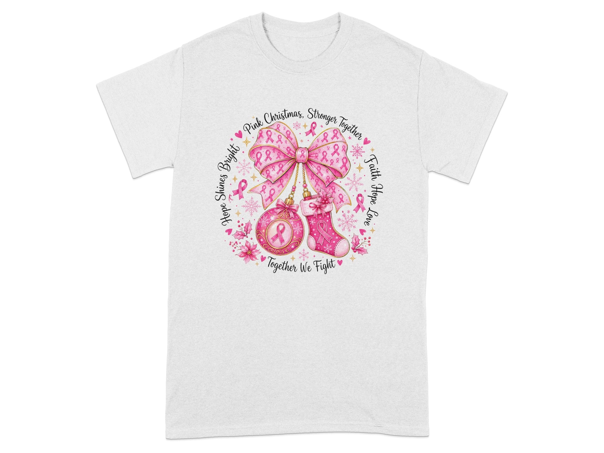 Pink Christmas design with breast cancer ribbons, bow, ornament, and stocking.