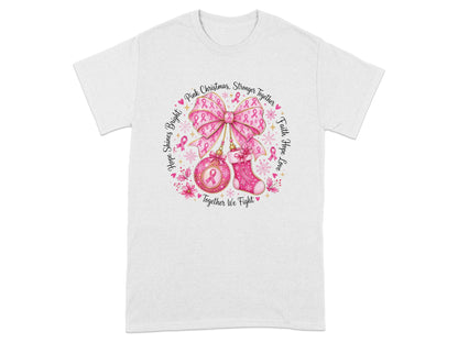 Pink Christmas design with breast cancer ribbons, bow, ornament, and stocking.