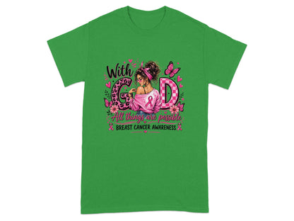 Green t-shirt with "With God" graphic and breast cancer awareness text.