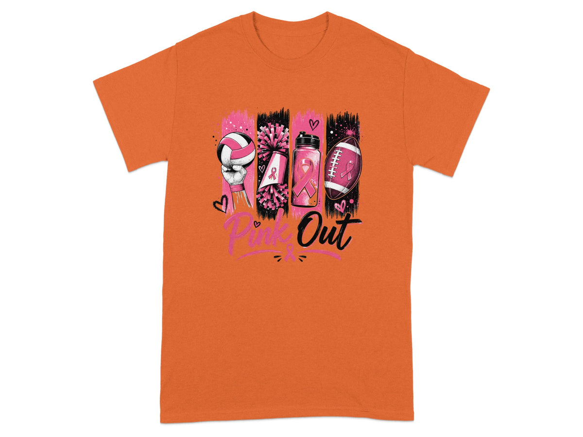 Orange t-shirt with Pink Out text and breast cancer awareness ribbon sports graphics.