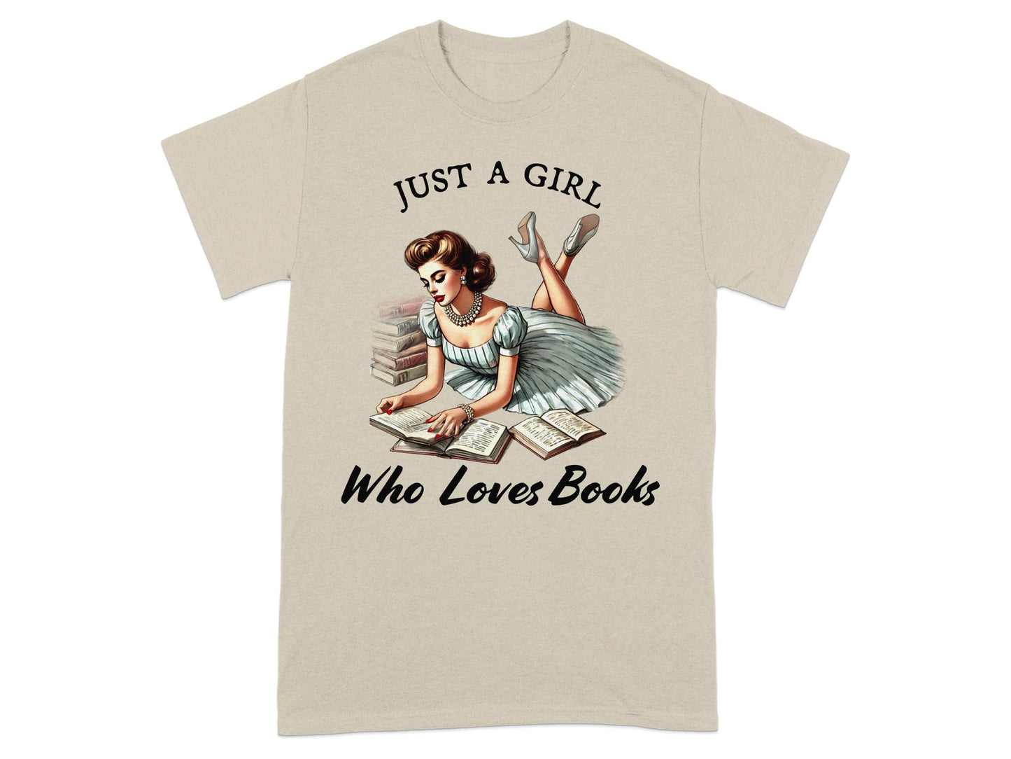 T-shirt graphic with text "Just a girl who loves books" and vintage illustration.