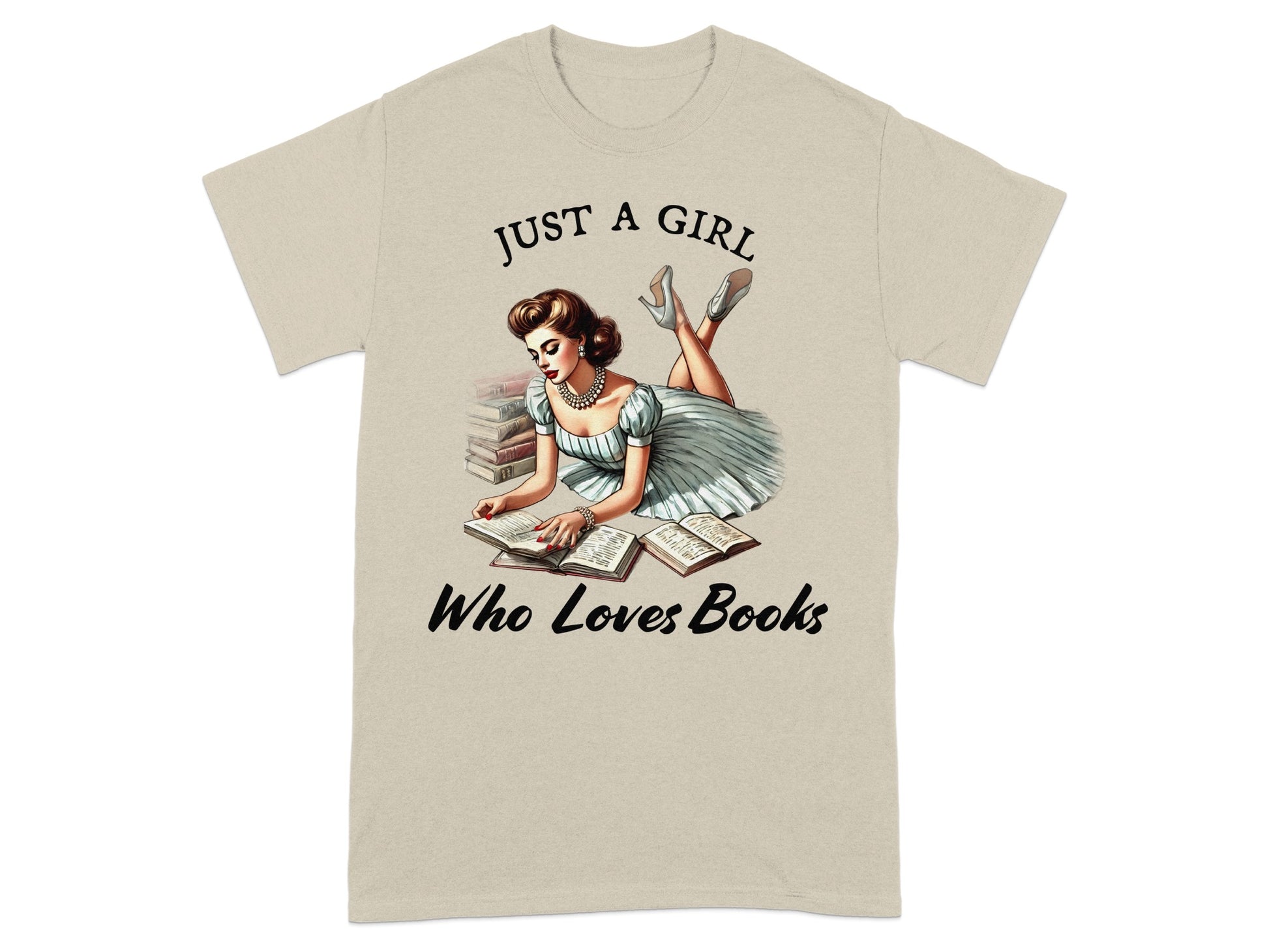 T-shirt graphic with text "Just a girl who loves books" and vintage illustration.
