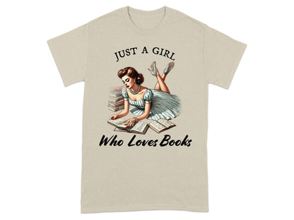 T-shirt graphic with text "Just a girl who loves books" and vintage illustration.