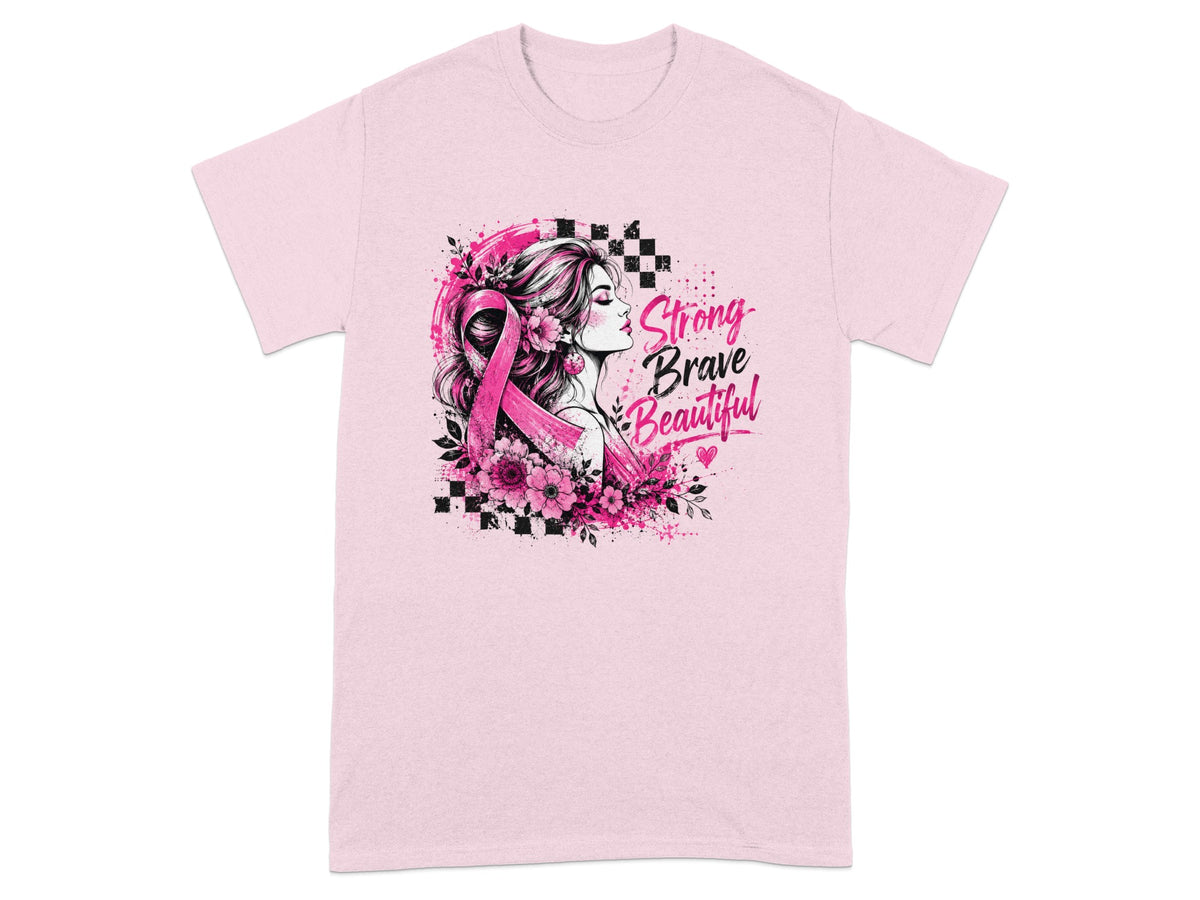 Pink t-shirt with graphic of woman, pink ribbon, flowers, and text "Strong Brave Beautiful".